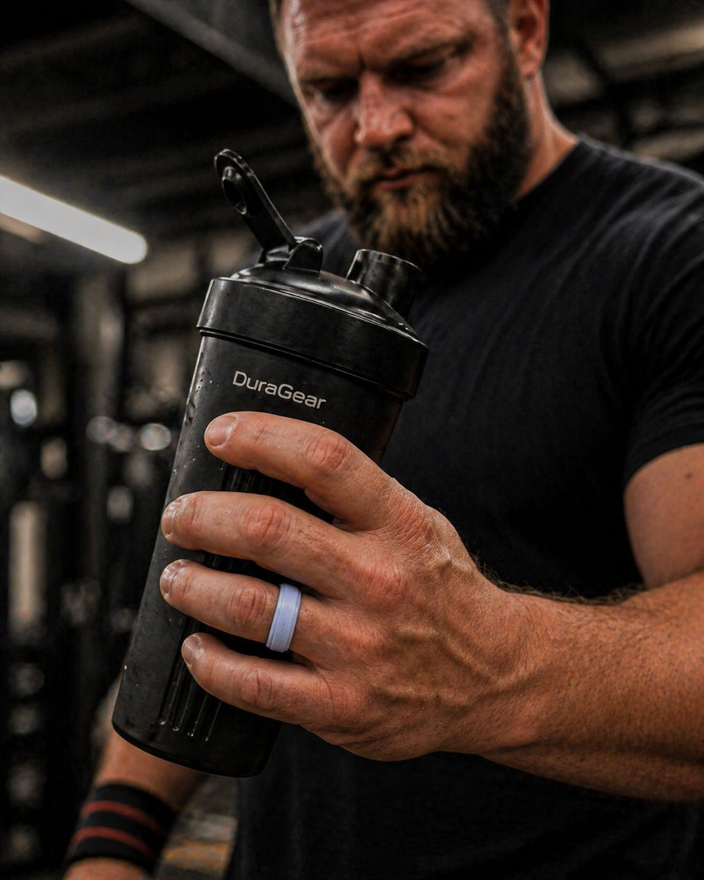 Dura Gear silicone ring worn by man holding protein shaker in gym, durable flexible ring for workouts and active lifestyle