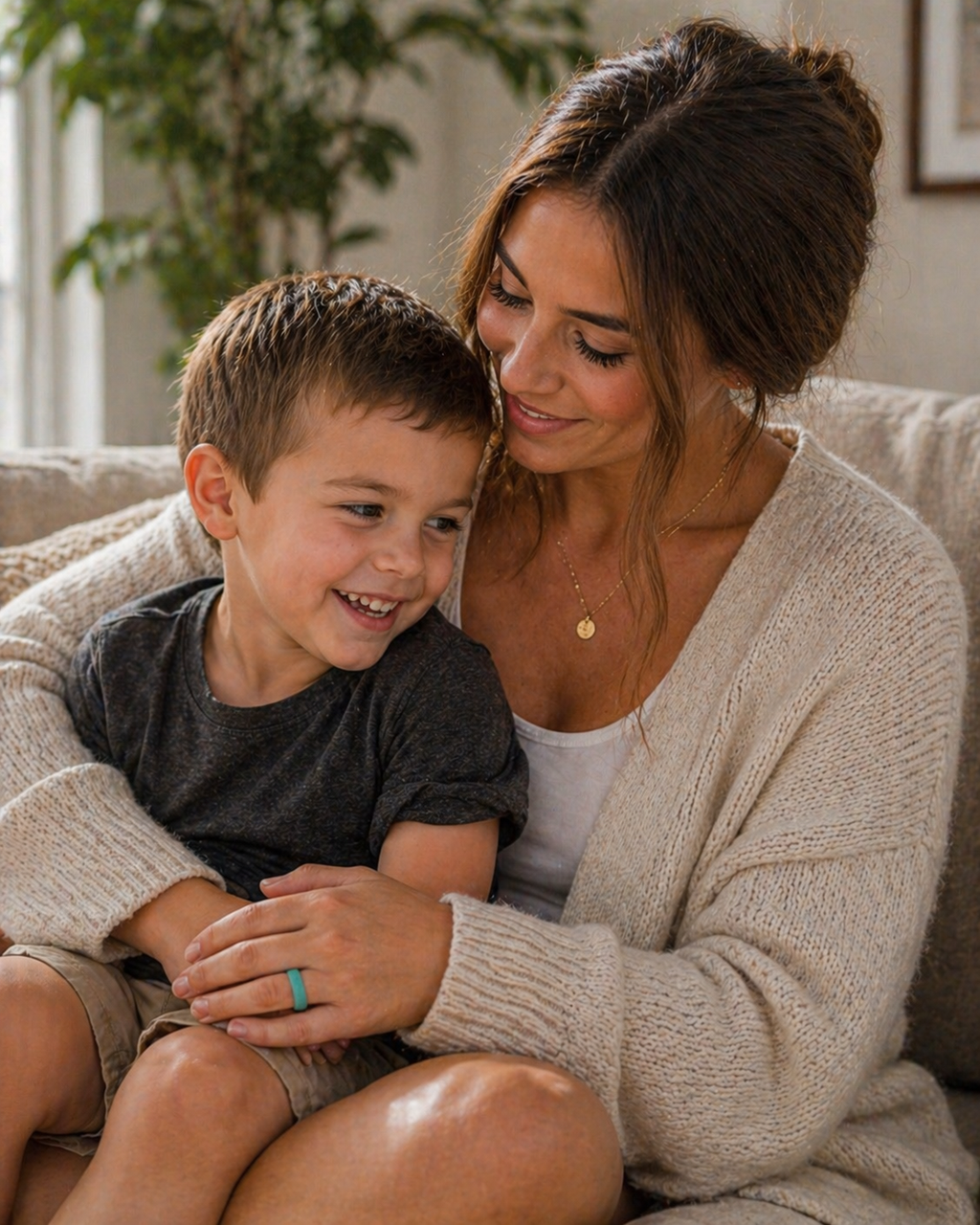 Woman wearing silicone ring with child safe comfortable everyday wear