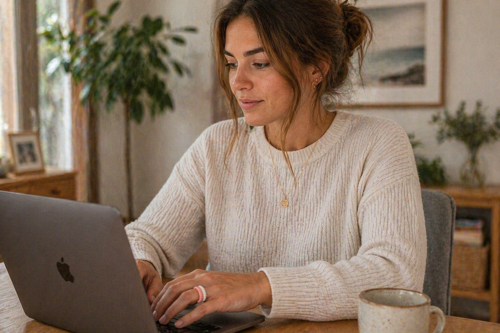Woman using laptop wearing Dura Gear silicone ring for comfortable everyday wear at work or home