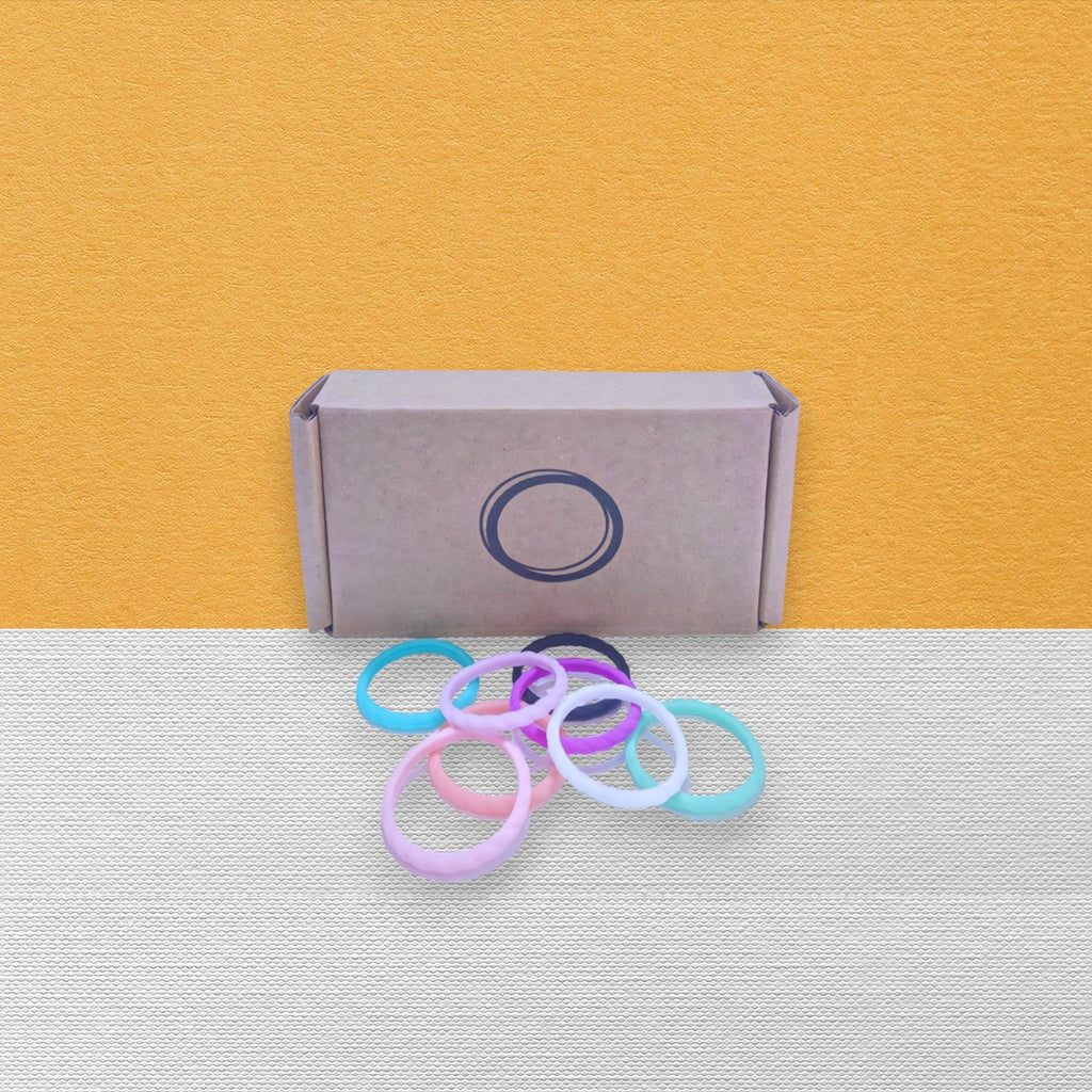 Dura Gear Bubbly silicone ring collection in multiple colours including aqua blue, pink, purple and white