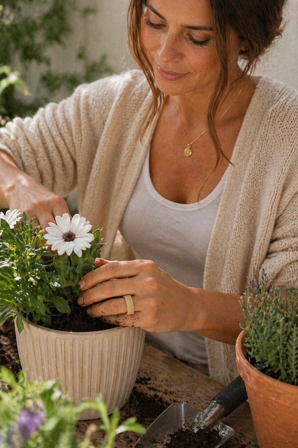 Woman gardening while wearing Maple silicone ring showing durability for outdoor use