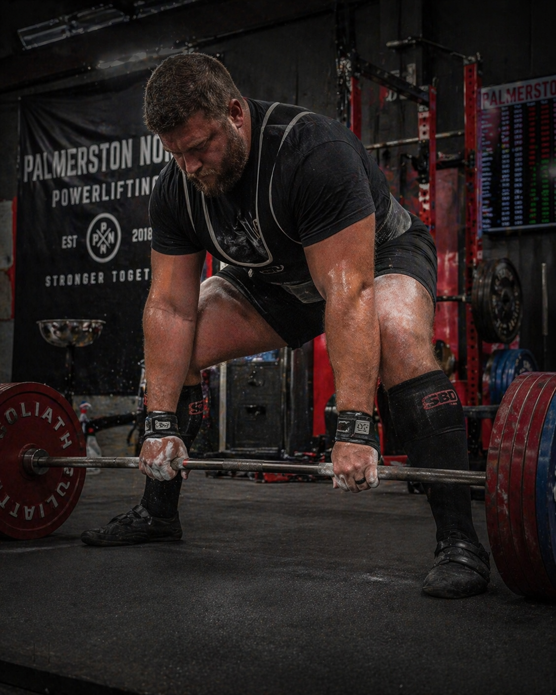 Man preparing for a deadlift in a gym wearing a black DuraGear silicone ring, demonstrating a secure and practical alternative to metal rings during workouts.